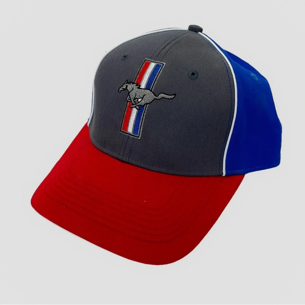 Vtg Ford Mustang Hat Embroidered Logo Red Blue Gray Official Licensed Casual Car